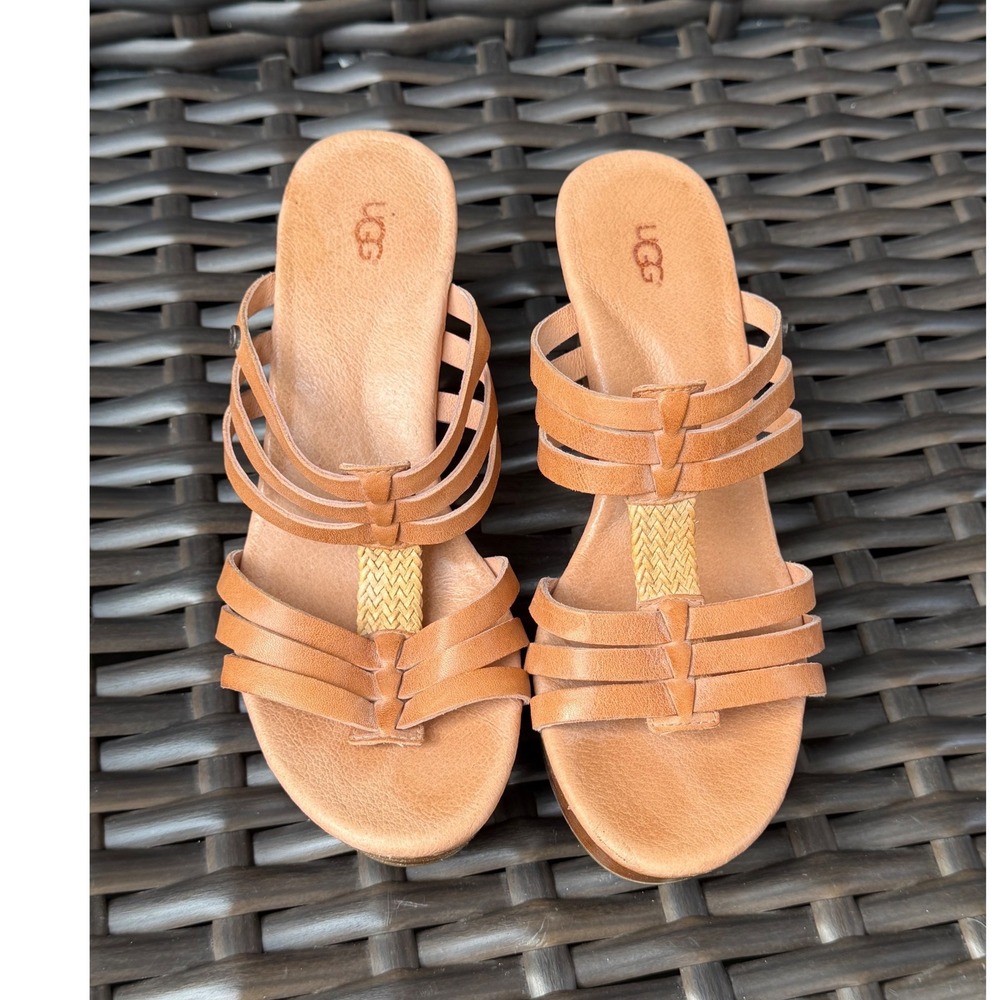 UGG Women Mattie Tan Leather Strappy Wedge Platform Sandals Size 7 Vacation Boho